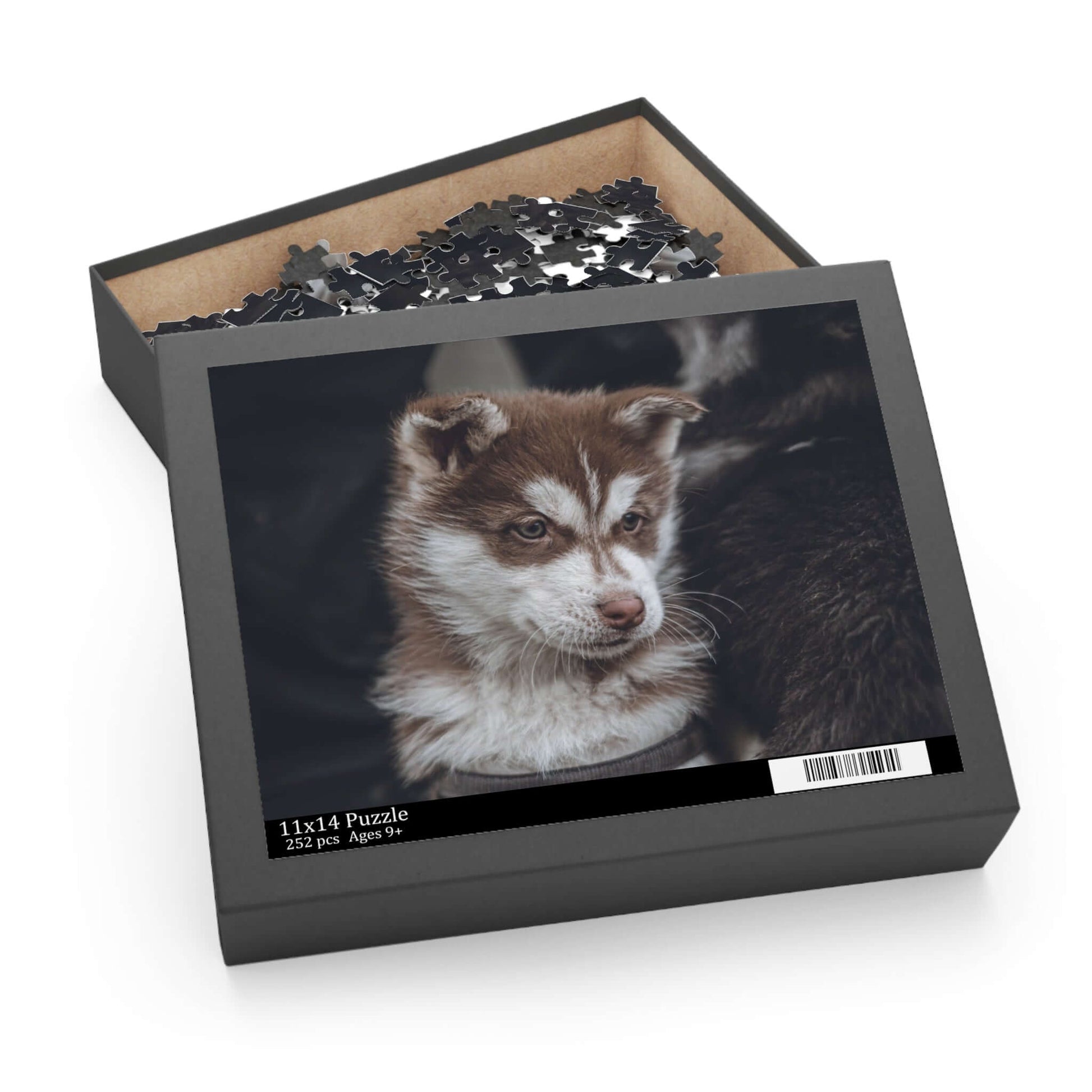 Custom puzzle box featuring a cute puppy photo, perfect for family fun and memory-making activities.