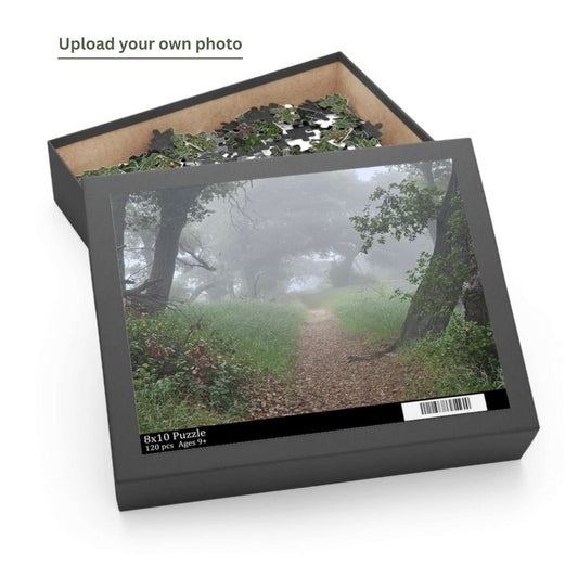 Custom puzzle box with a foggy path design, perfect for family fun and creating memories.
