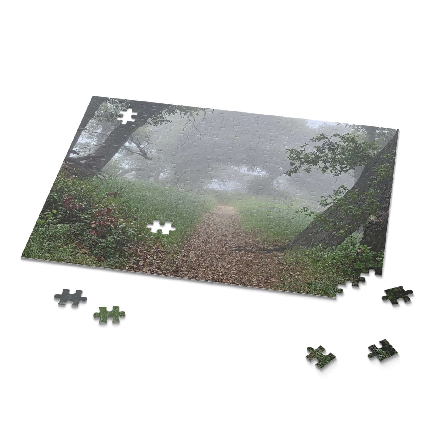 Scenic puzzle pieces of a misty forest path, perfect for family fun and creating lasting memories.