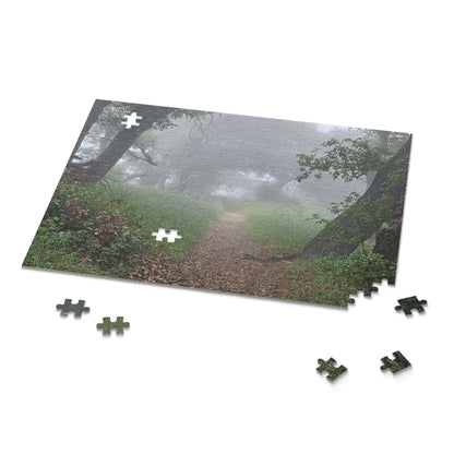 Scenic puzzle pieces of a misty forest path, perfect for family fun and creating lasting memories.