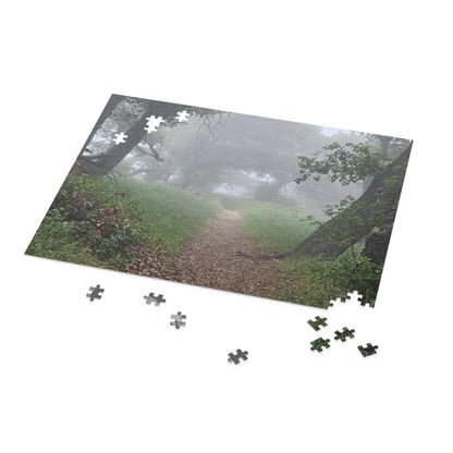 Custom puzzle featuring a misty forest path with scattered pieces, perfect for family fun and memories.