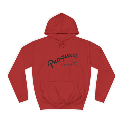 Custom College Hoodie – Add Your Photos, Text & Emojis Your Way in red with 'Progress Over Perfection' design.