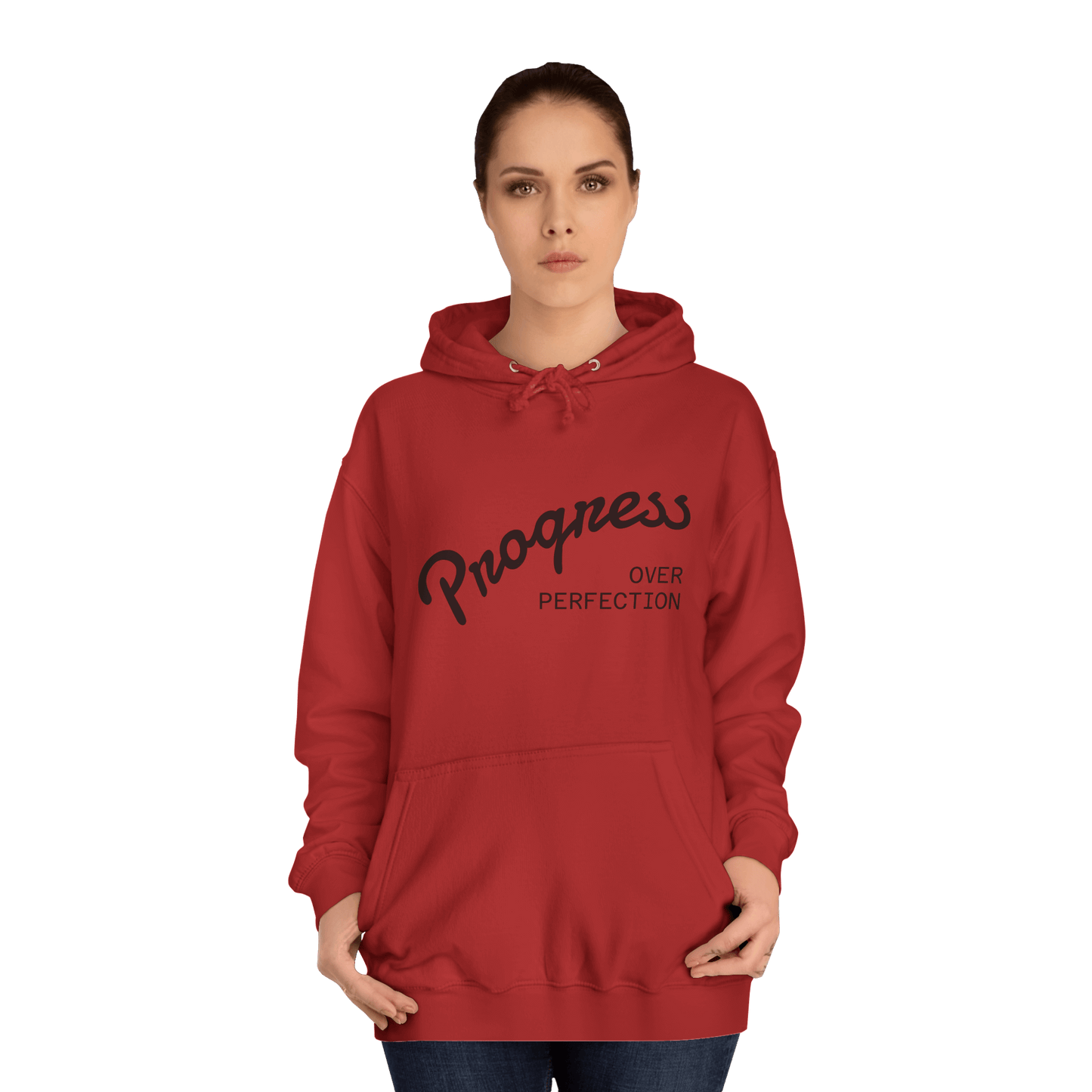 Custom College Hoodie – Add Your Photos, Text & Emojis Your Way in red with 'Progress Over Perfection' design.