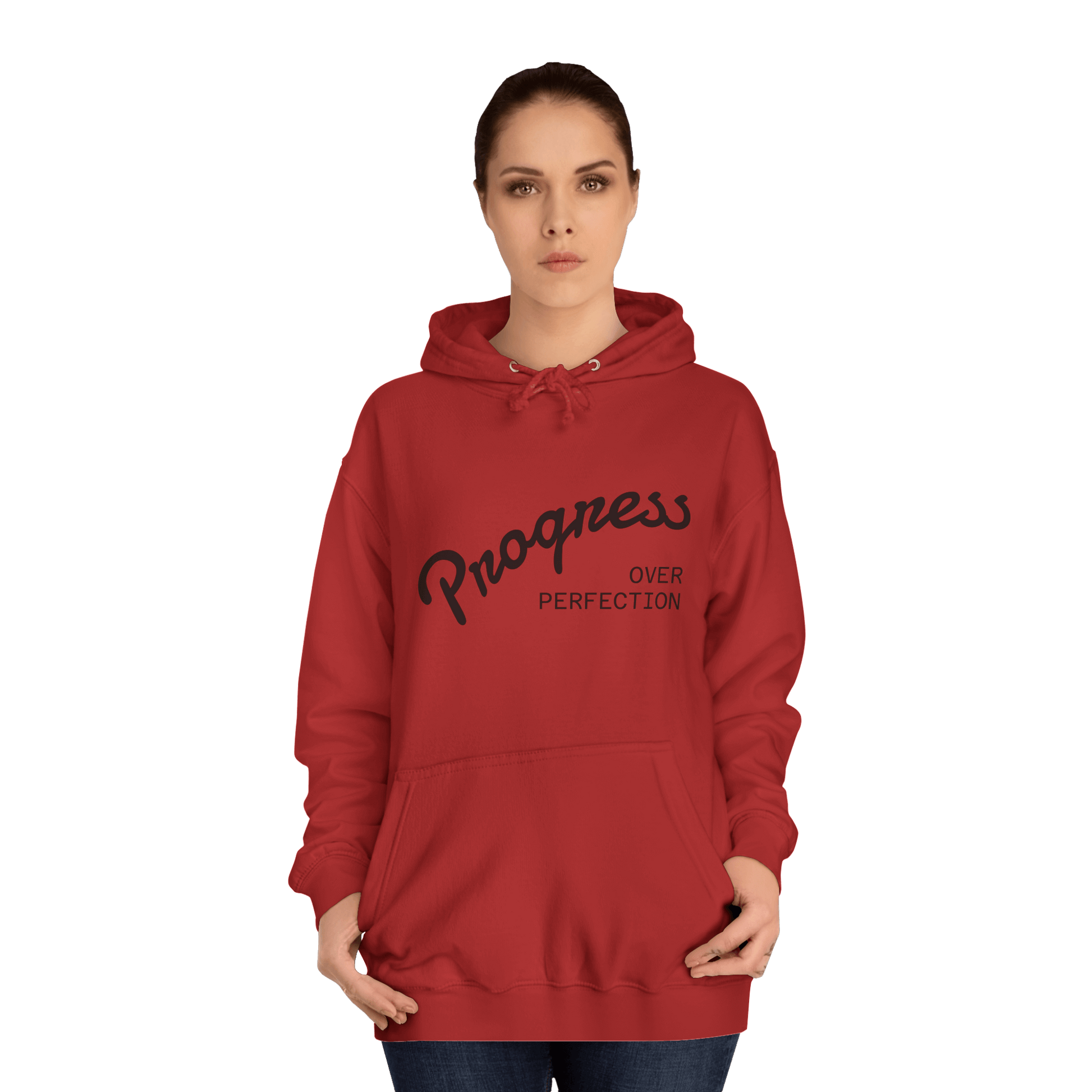Custom College Hoodie – Add Your Photos, Text & Emojis Your Way in red with 'Progress Over Perfection' design.