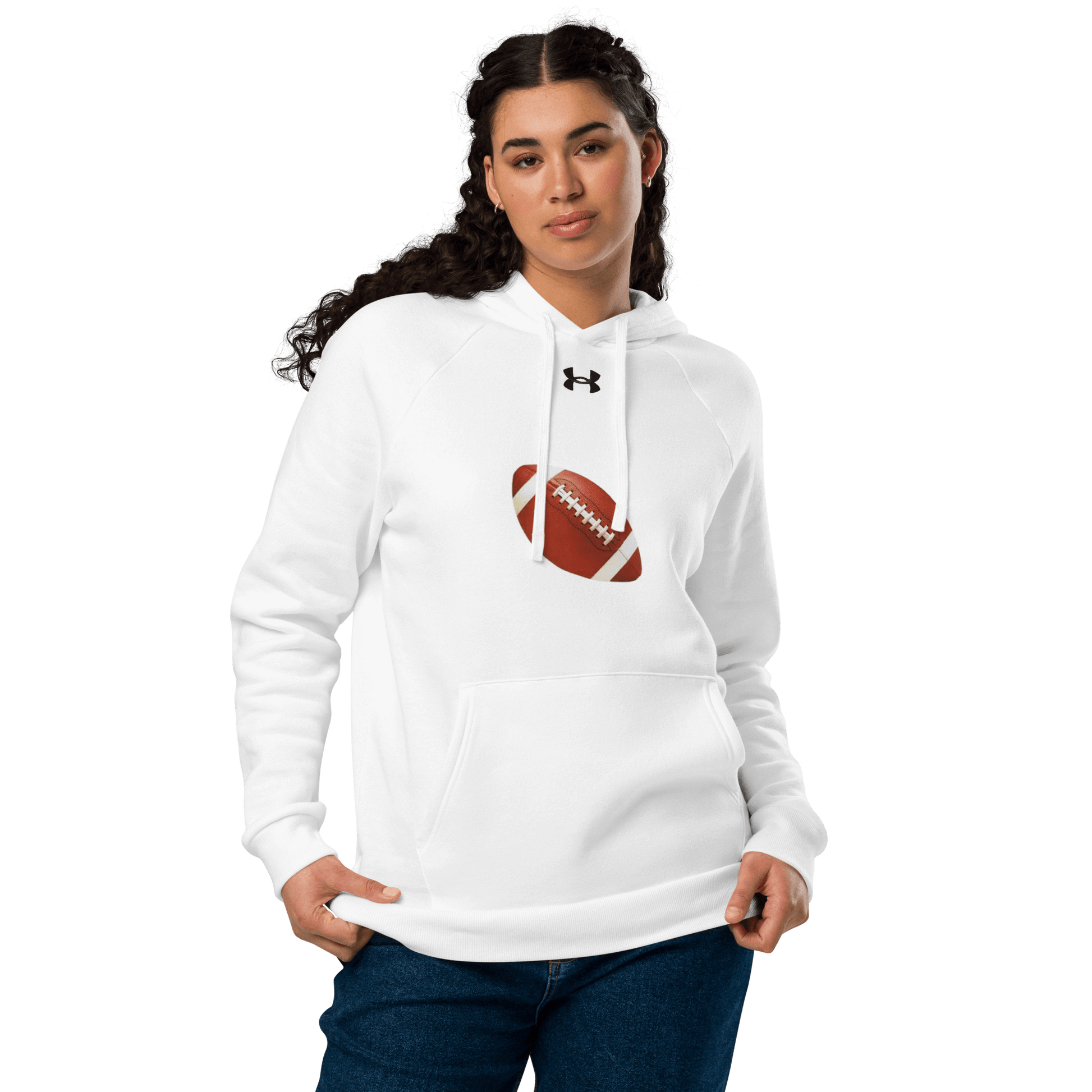 Sports Fan Hoodie with Custom Ball Sport & Team Name featuring a football design on a white hoodie.