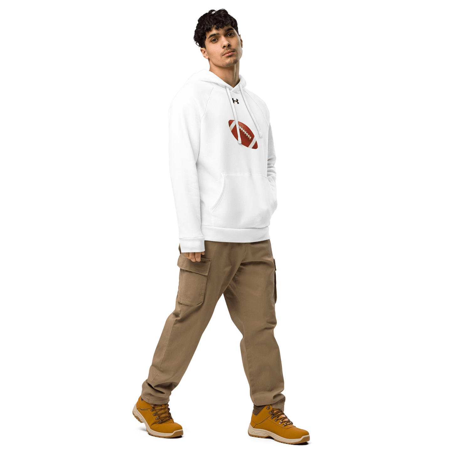 Sports Fan Hoodie with Custom Ball Sport & Team Name in white, worn by a model with casual pants and boots.