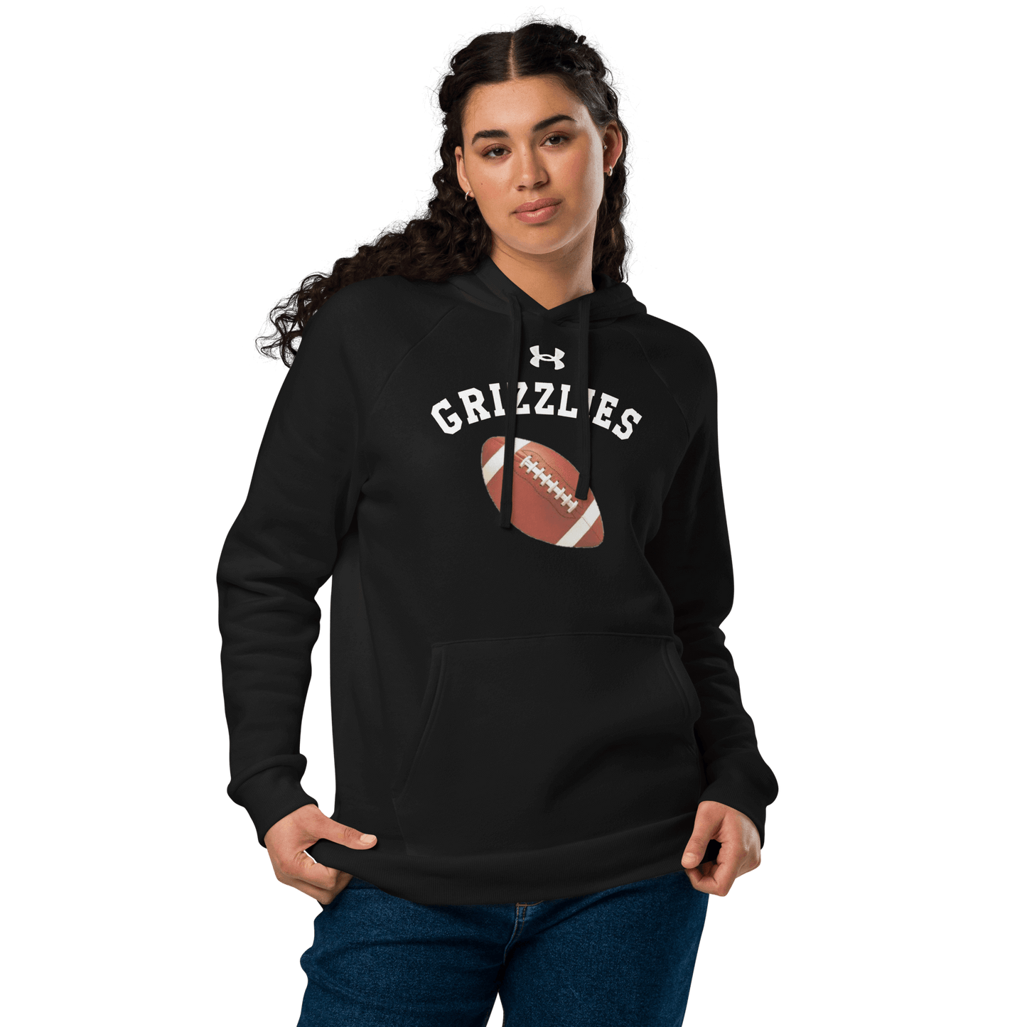 Sports Fan Hoodie with Custom Ball Sport & Team Name featuring a football design for Grizzlies fans.