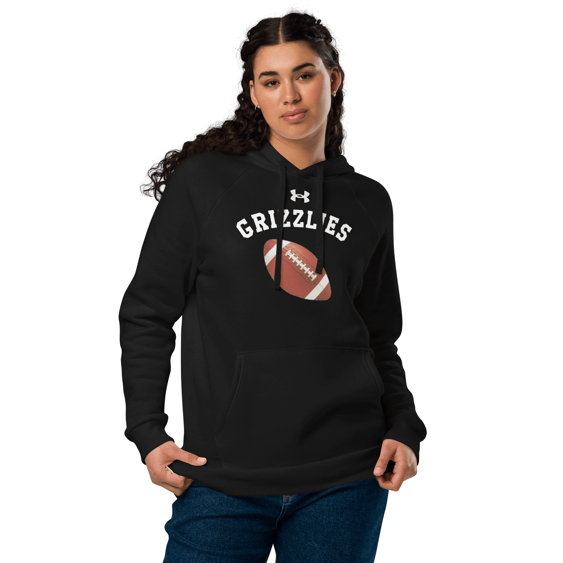 Sports Fan Hoodie with Custom Ball Sport & Team Name featuring a football design for Grizzlies fans.