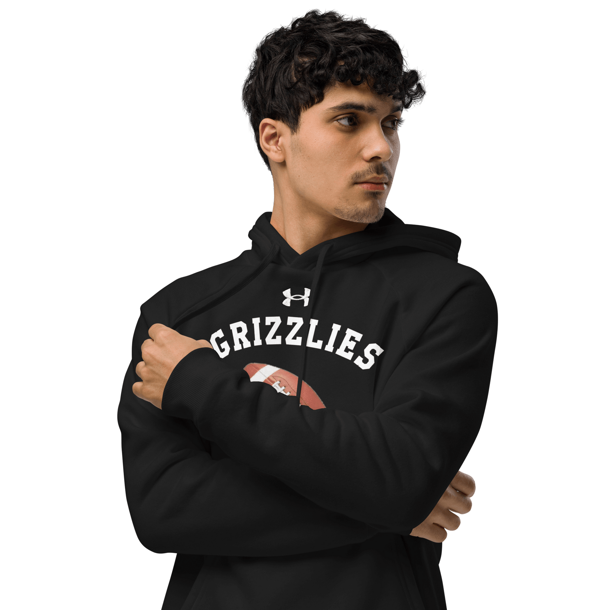 Sports Fan Hoodie with Custom Ball Sport & Team Name featuring a young man wearing a Grizzlies hoodie.