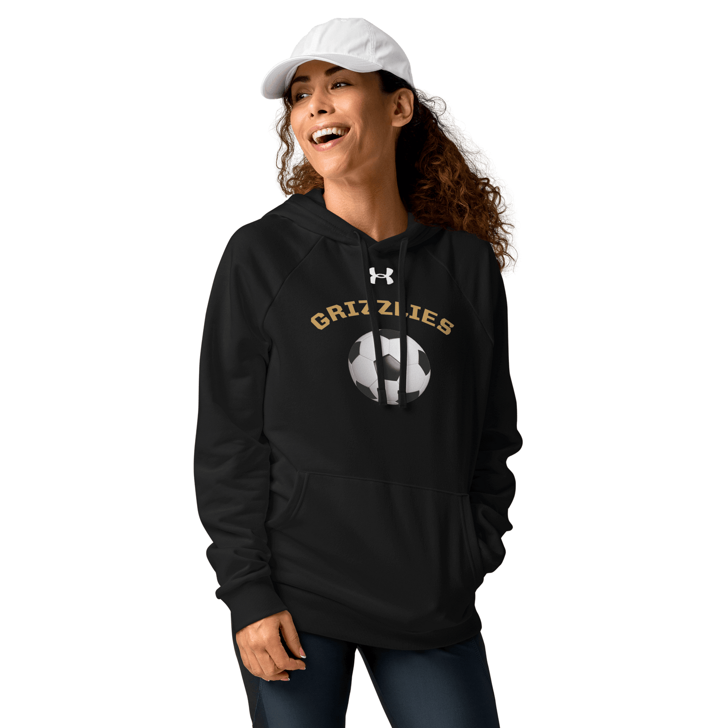 Sports Fan Hoodie with Custom Ball Sport & Team Name featuring a woman wearing a black hoodie with soccer design.