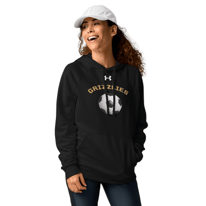 Sports Fan Hoodie with Custom Ball Sport & Team Name featuring a woman wearing a black hoodie with soccer design.