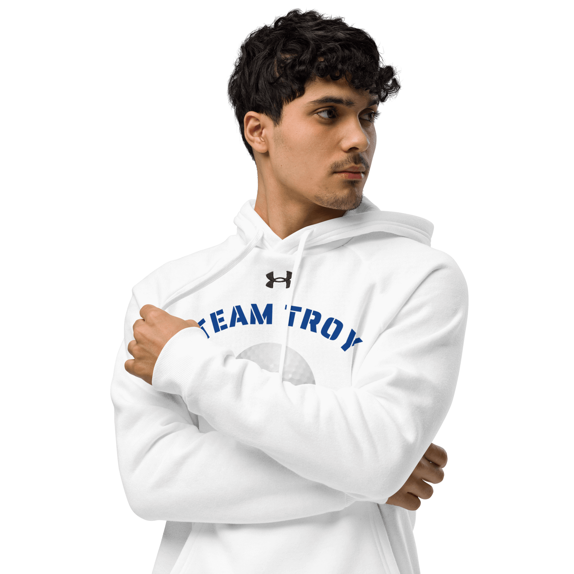 Sports Fan Hoodie with Custom Ball Sport & Team Name showcased on a model wearing a white hoodie.