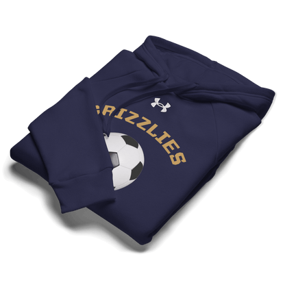 Sports Fan Hoodie with Custom Ball Sport & Team Name featuring a navy hoodie with a soccer ball and 'Grizzlies' text.
