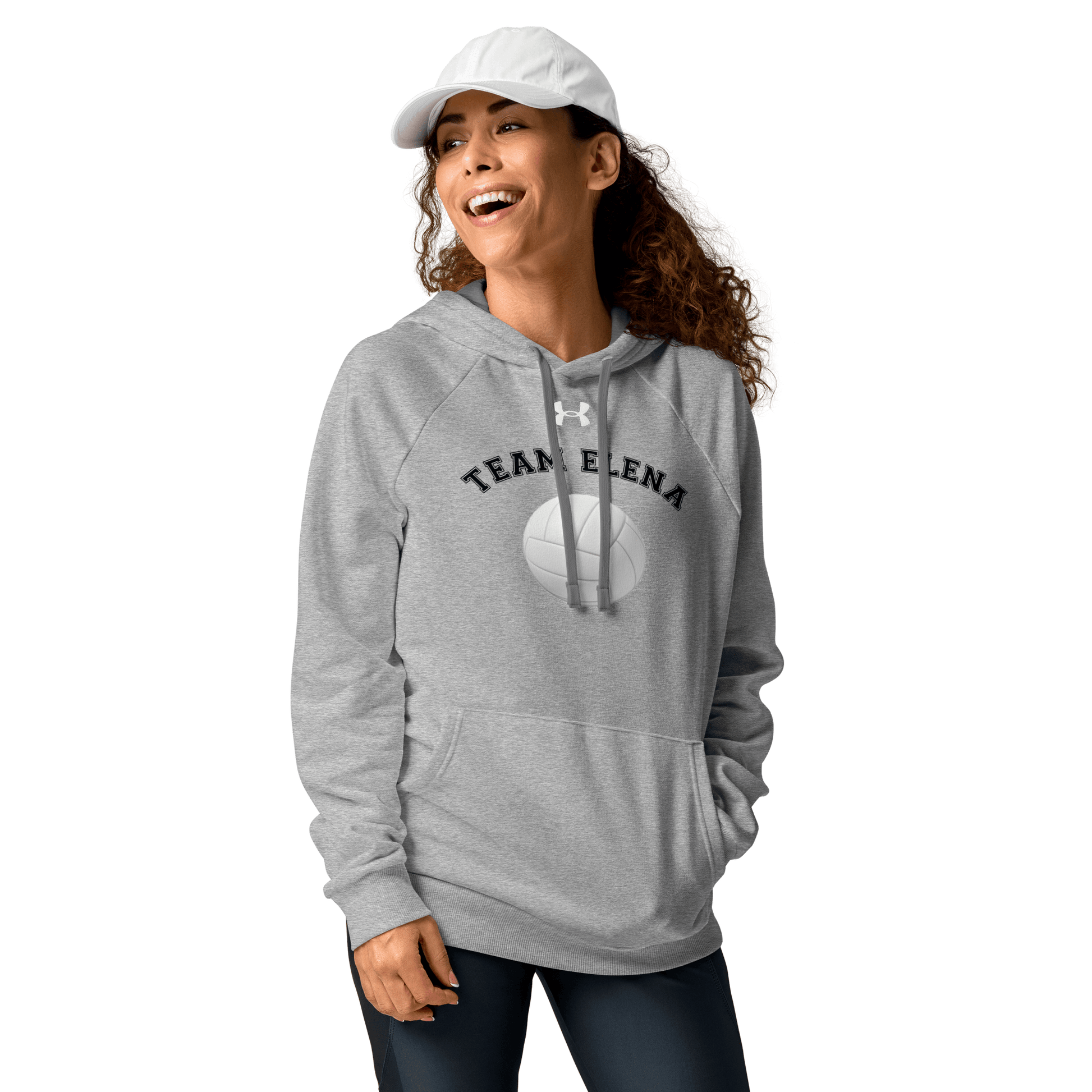 Sports Fan Hoodie with Custom Ball Sport & Team Name, grey hoodie featuring volleyball design for sports enthusiasts.