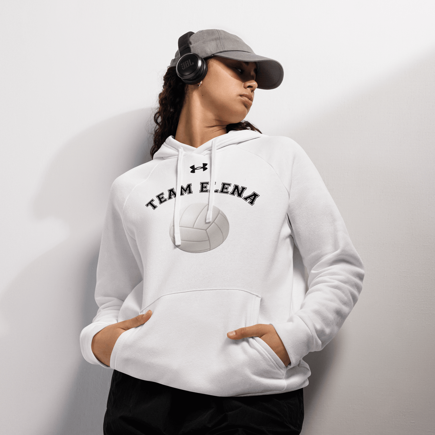 Sports Fan Hoodie with Custom Ball Sport & Team Name featuring a volleyball design and personalized text.