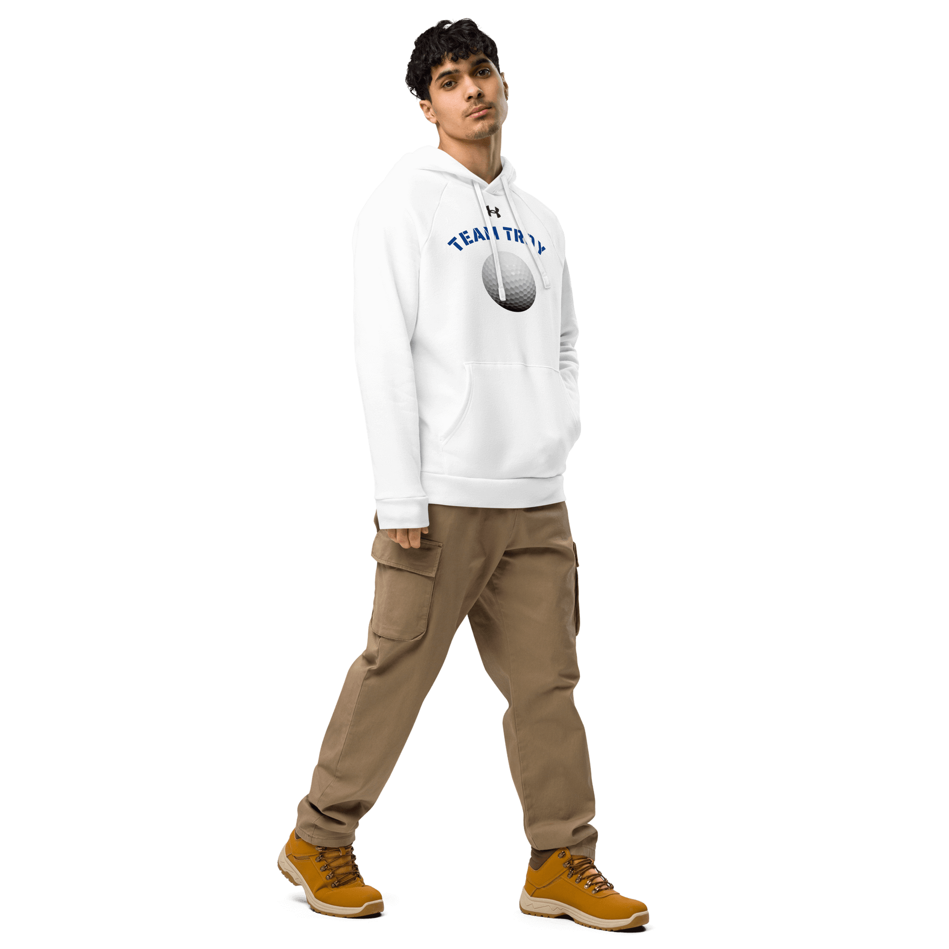 Sports Fan Hoodie with Custom Ball Sport & Team Name worn by a model in a white hoodie and casual pants.