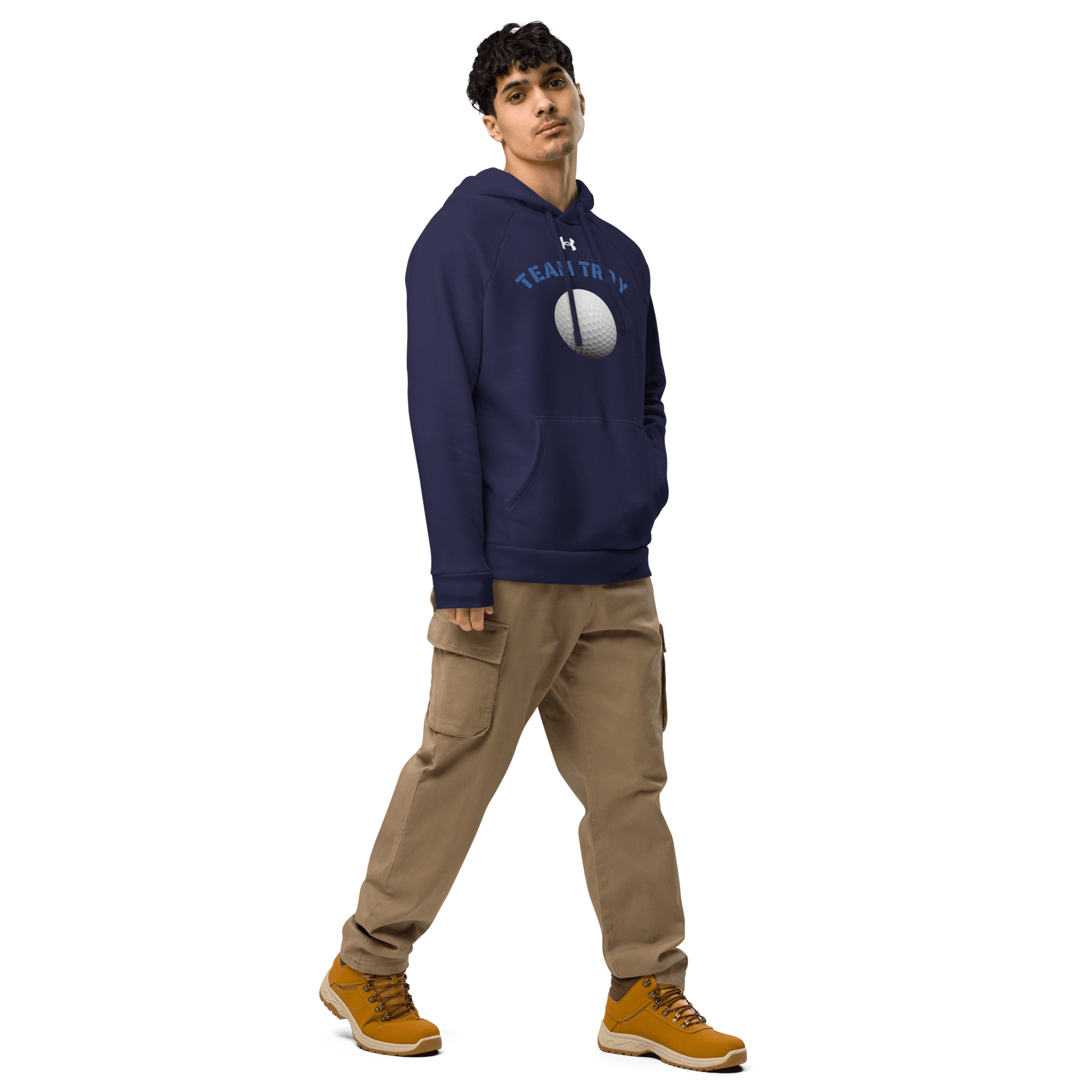 Sports Fan Hoodie with Custom Ball Sport & Team Name worn by male model in navy blue.