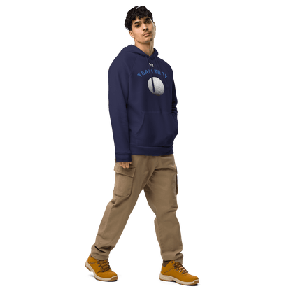 Sports Fan Hoodie with Custom Ball Sport & Team Name worn by male model in navy blue.