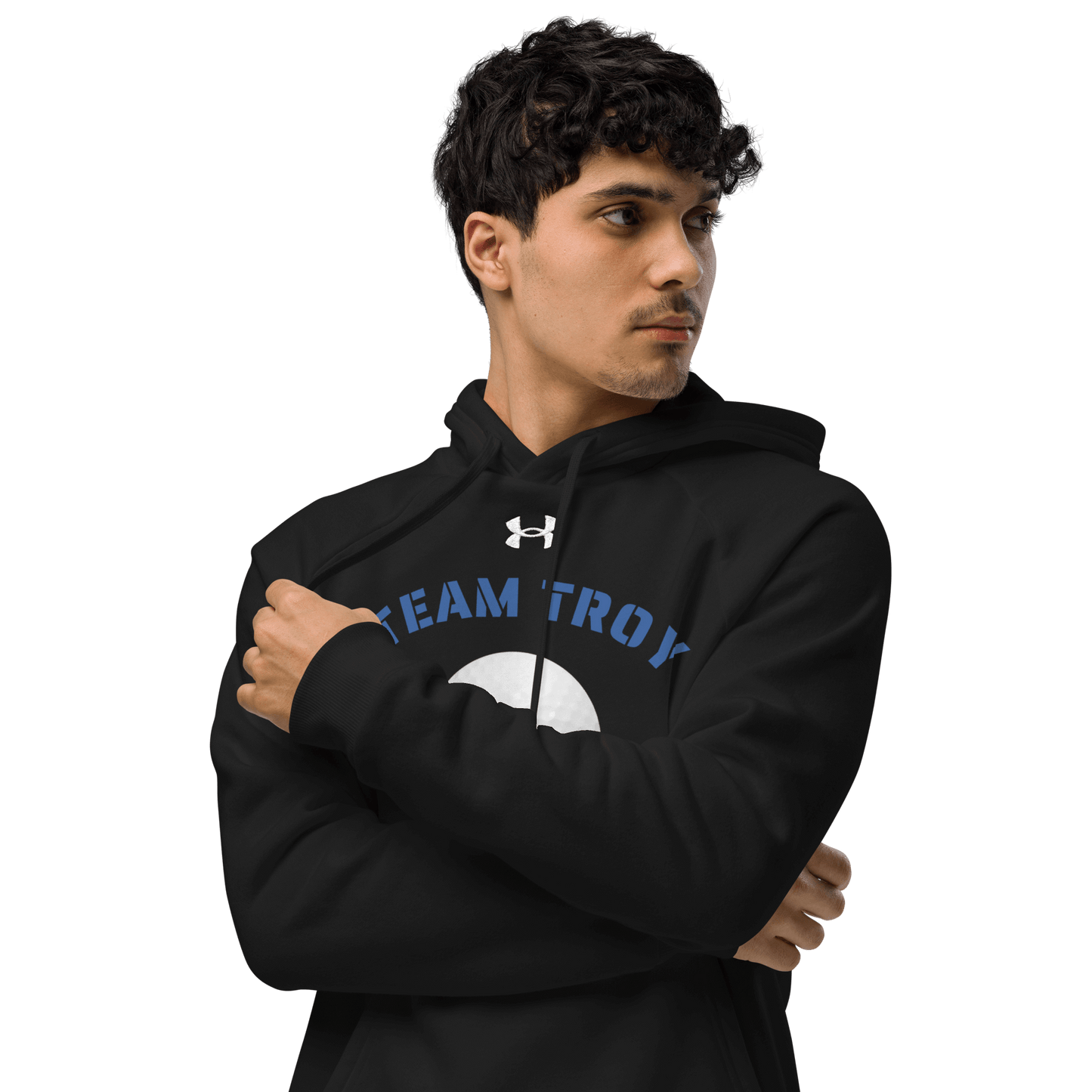 Sports Fan Hoodie with Custom Ball Sport & Team Name, featuring TEAM TROY design in a stylish black color.