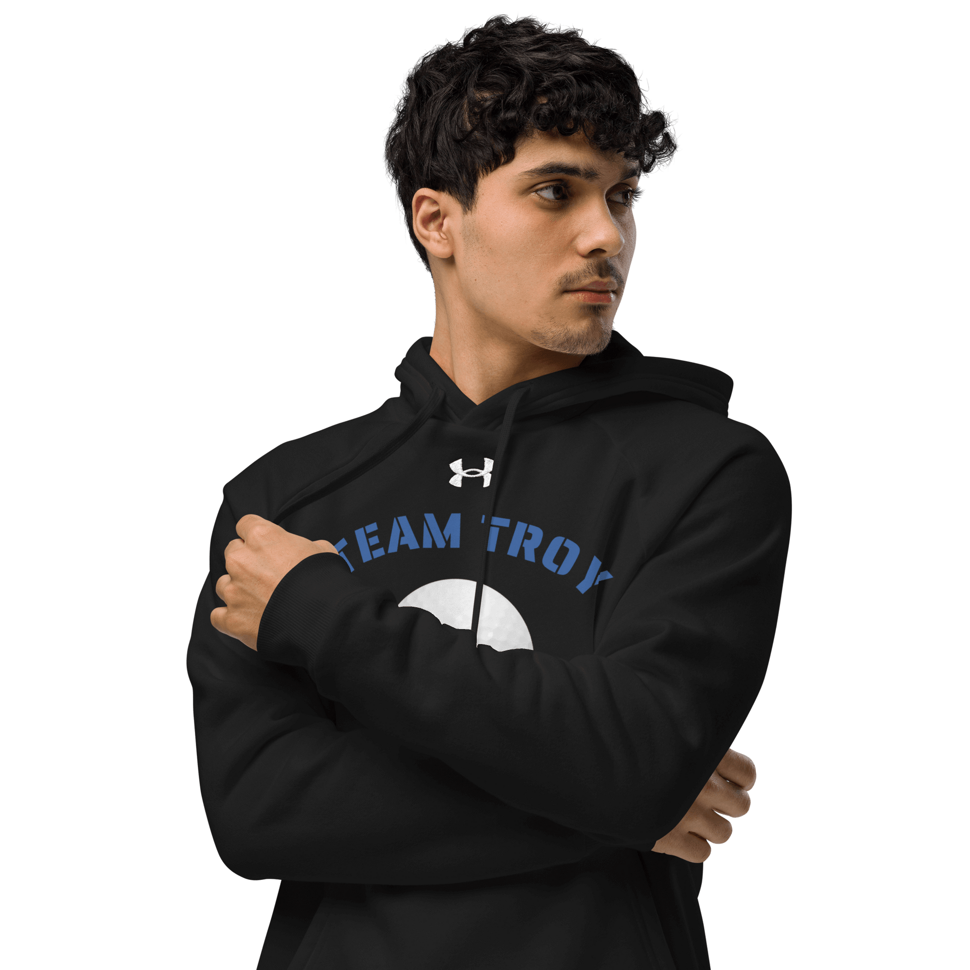 Sports Fan Hoodie with Custom Ball Sport & Team Name, featuring TEAM TROY design in a stylish black color.