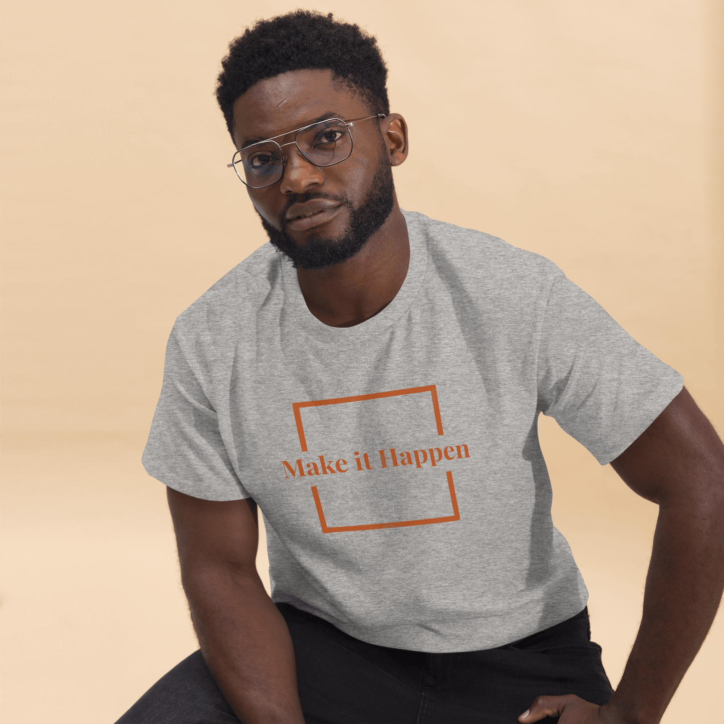Freestyle Unisex T-Shirt – Upload Photos, Add Text & Emojis Your Way on a model, design featuring 'Make it Happen' text.