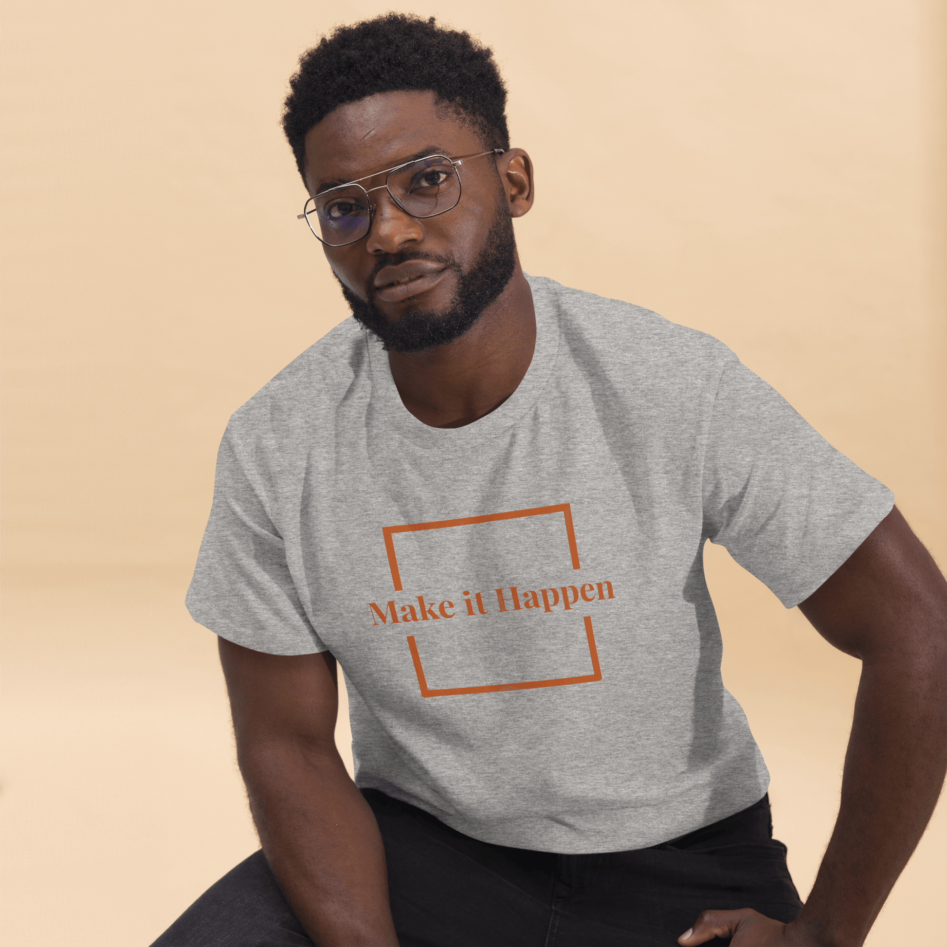Freestyle Unisex T-Shirt – Upload Photos, Add Text & Emojis Your Way on a model, design featuring 'Make it Happen' text.
