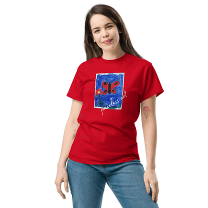 Freestyle Unisex T-Shirt – Upload Photos, Add Text & Emojis Your Way worn by a woman, featuring a butterfly design.