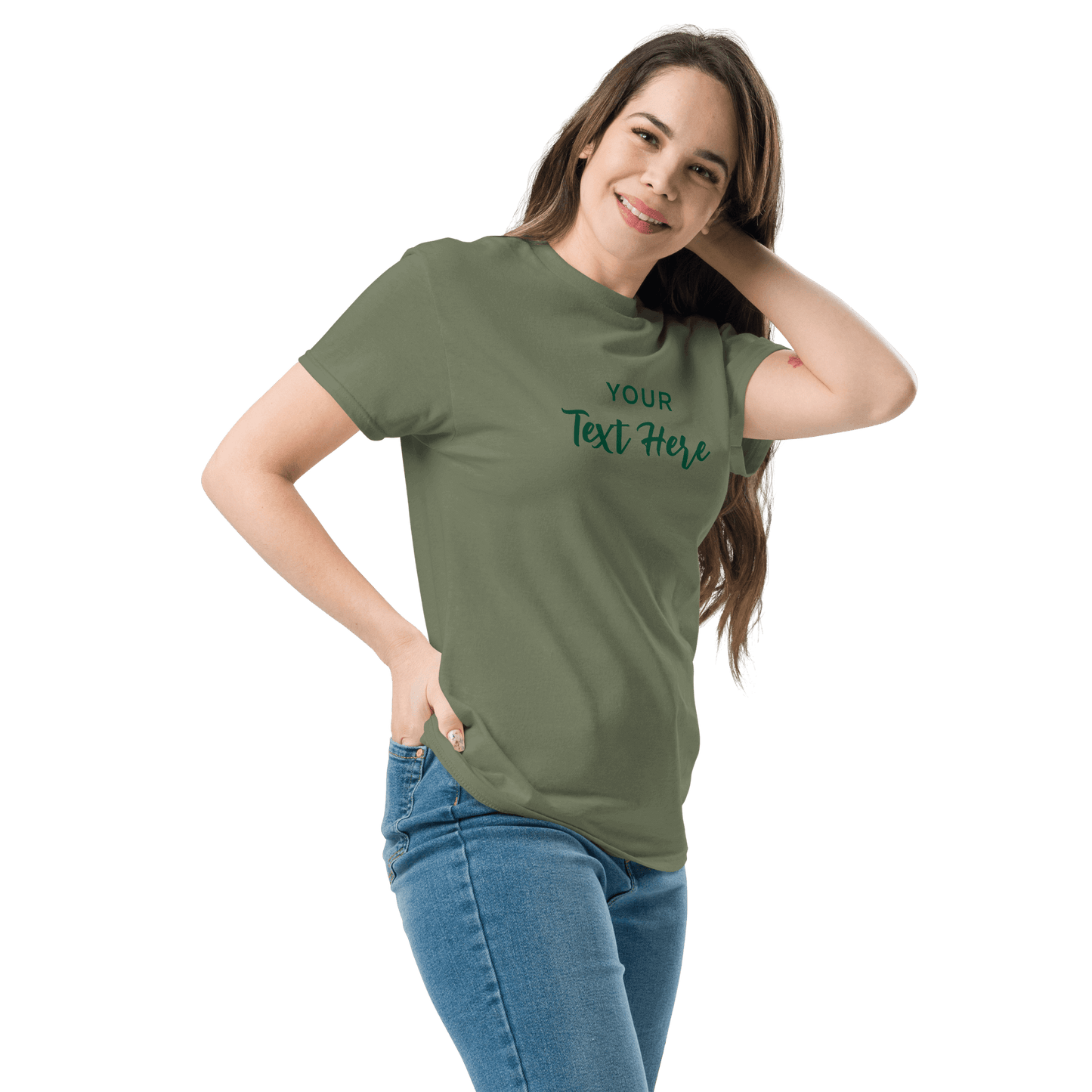 Freestyle Unisex T-Shirt – Upload Photos, Add Text & Emojis Your Way in olive green with customizable text.