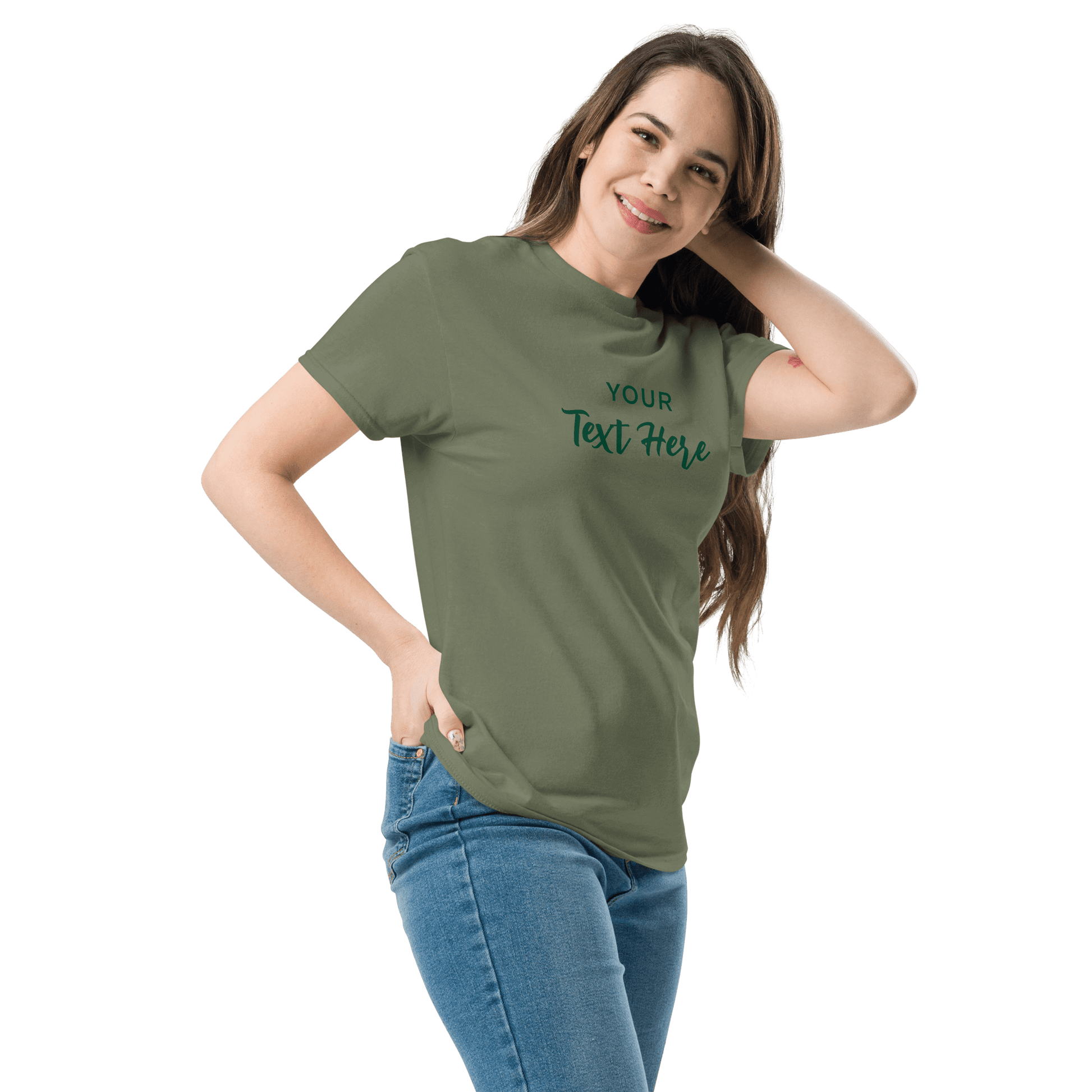 Freestyle Unisex T-Shirt – Upload Photos, Add Text & Emojis Your Way in olive green with customizable text.