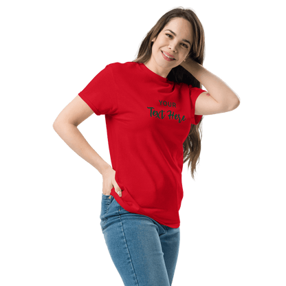 Freestyle Unisex T-Shirt – Upload Photos, Add Text & Emojis Your Way with customizable text in a vibrant red.