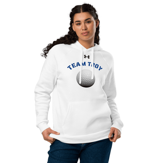 Sports Fan Hoodie with Custom Ball Sport & Team Name featuring Team Troy design on a white hoodie.