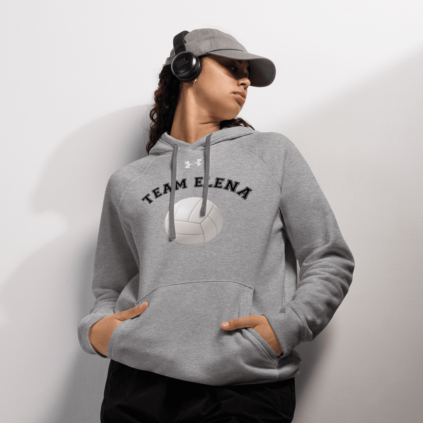 Sports Fan Hoodie with Custom Ball Sport & Team Name in gray with volleyball design and Team Elena printed.