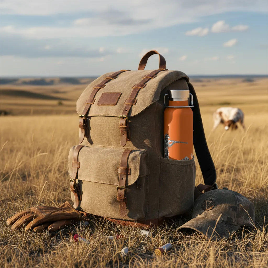 Brown hunter backpack with a rugged orange water bottle in a grassy field, and a hunting dog in the background