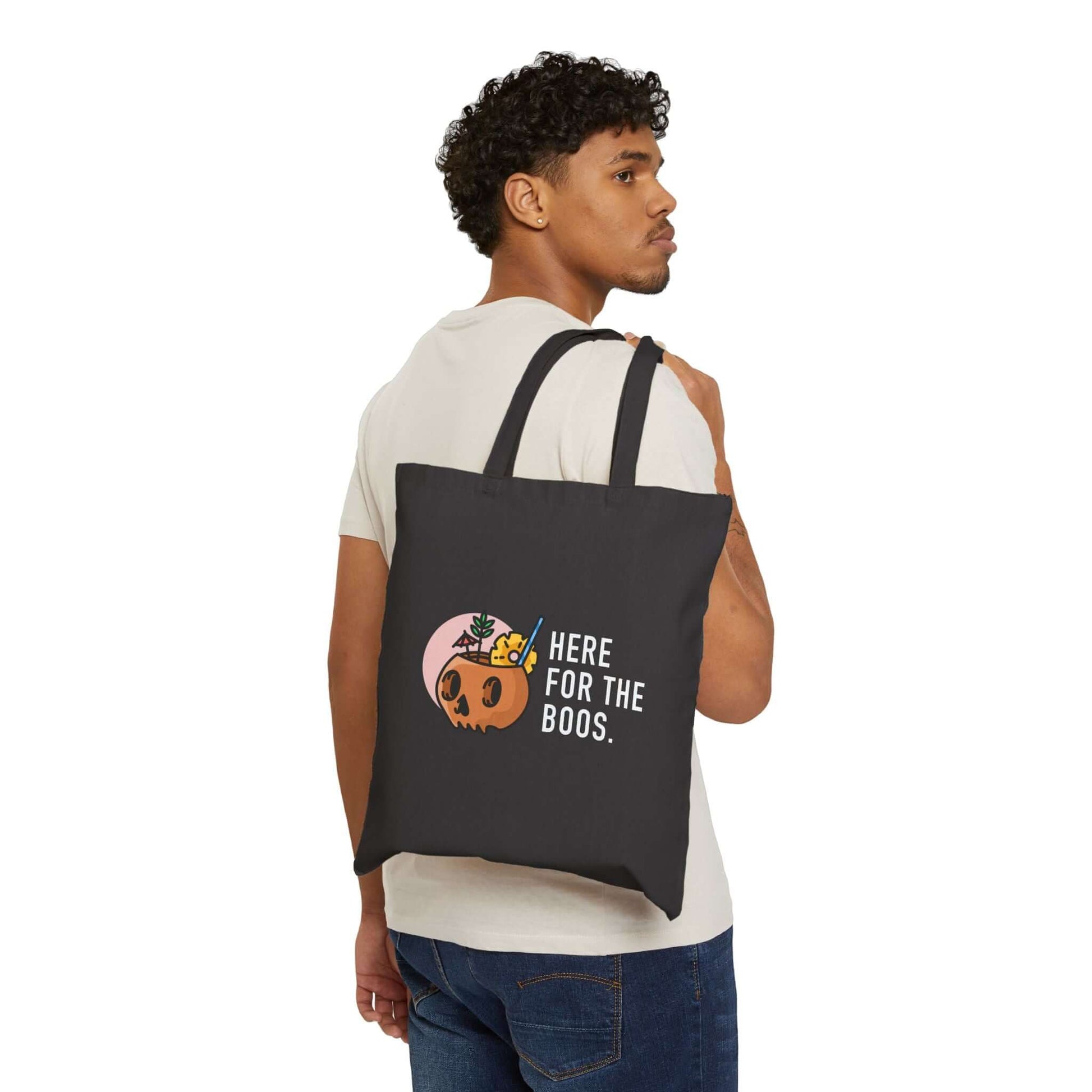 Double-Sided Halloween Tote – “Here for the Boos” + Spooky Vibes with pumpkin cocktail and cat design
