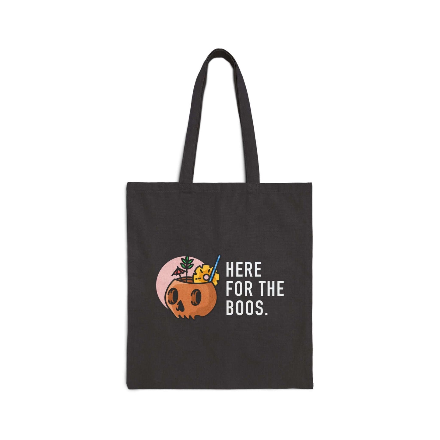 Double-Sided Halloween Tote – “Here for the Boos” + Spooky Vibes featuring a skull and playful cat design.