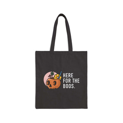 Double-Sided Halloween Tote – “Here for the Boos” + Spooky Vibes featuring a skull and playful cat design.
