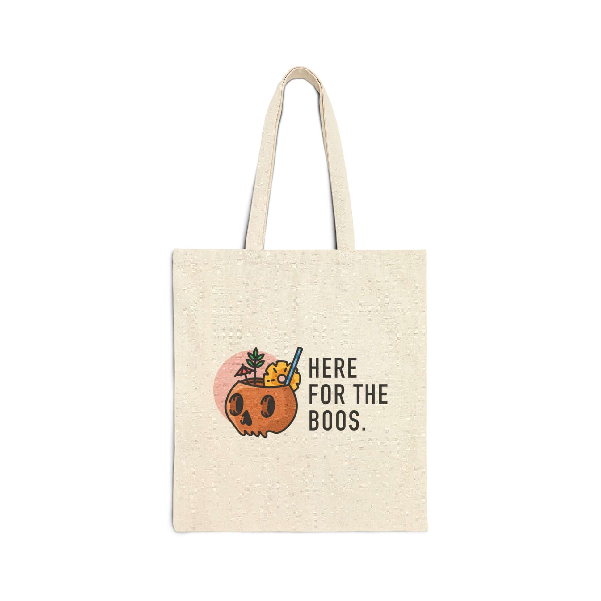 Double-Sided Halloween Tote – “Here for the Boos” + Spooky Vibes featuring a pumpkin cocktail and cat.