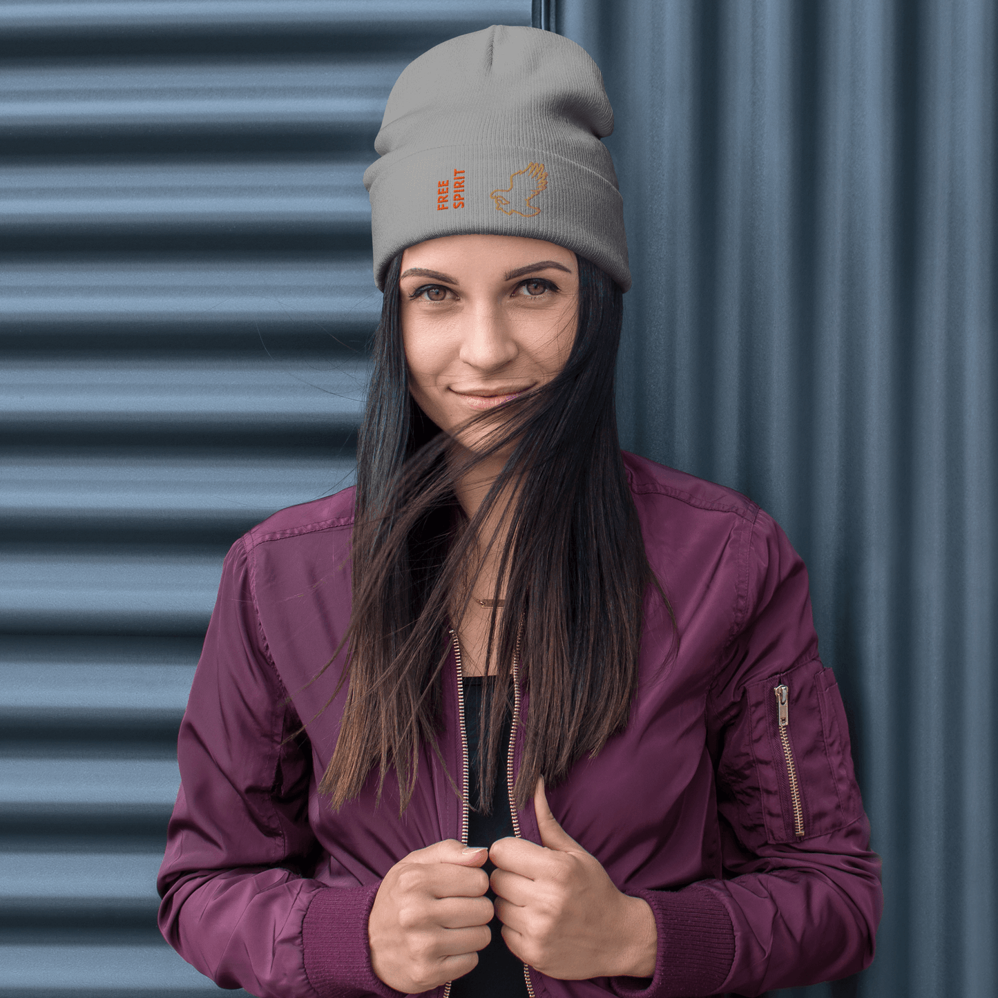 Eagle Beanie – Embroidered Knit Hat with Custom Text worn by a woman against a stylish backdrop.