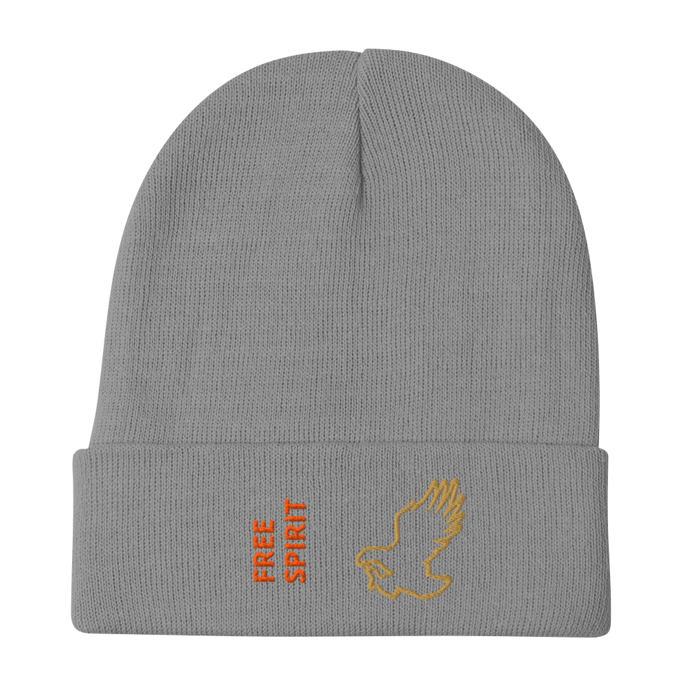 Eagle Beanie – Embroidered Knit Hat with Custom Text in gray with eagle design and Free Spirit text.