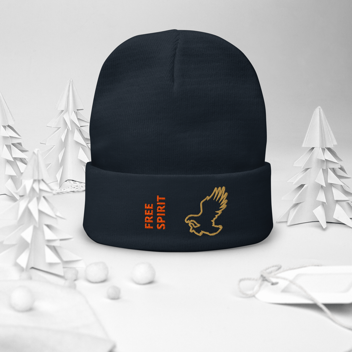 Eagle Beanie – Embroidered Knit Hat with Custom Text featuring a bold eagle design and FREE SPIRIT text.