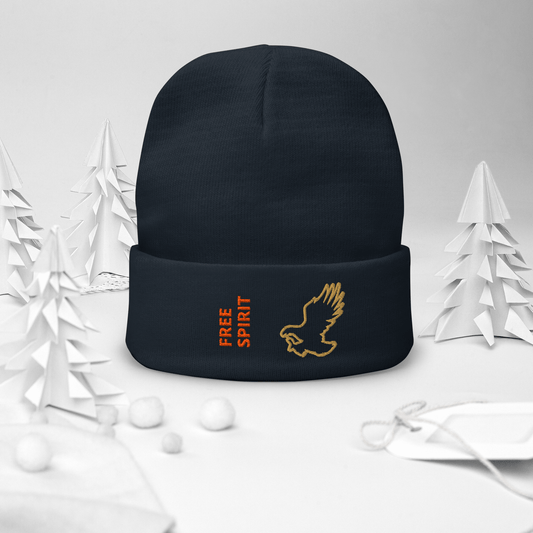 Eagle Beanie – Embroidered Knit Hat with Custom Text featuring a bold eagle design and FREE SPIRIT text.