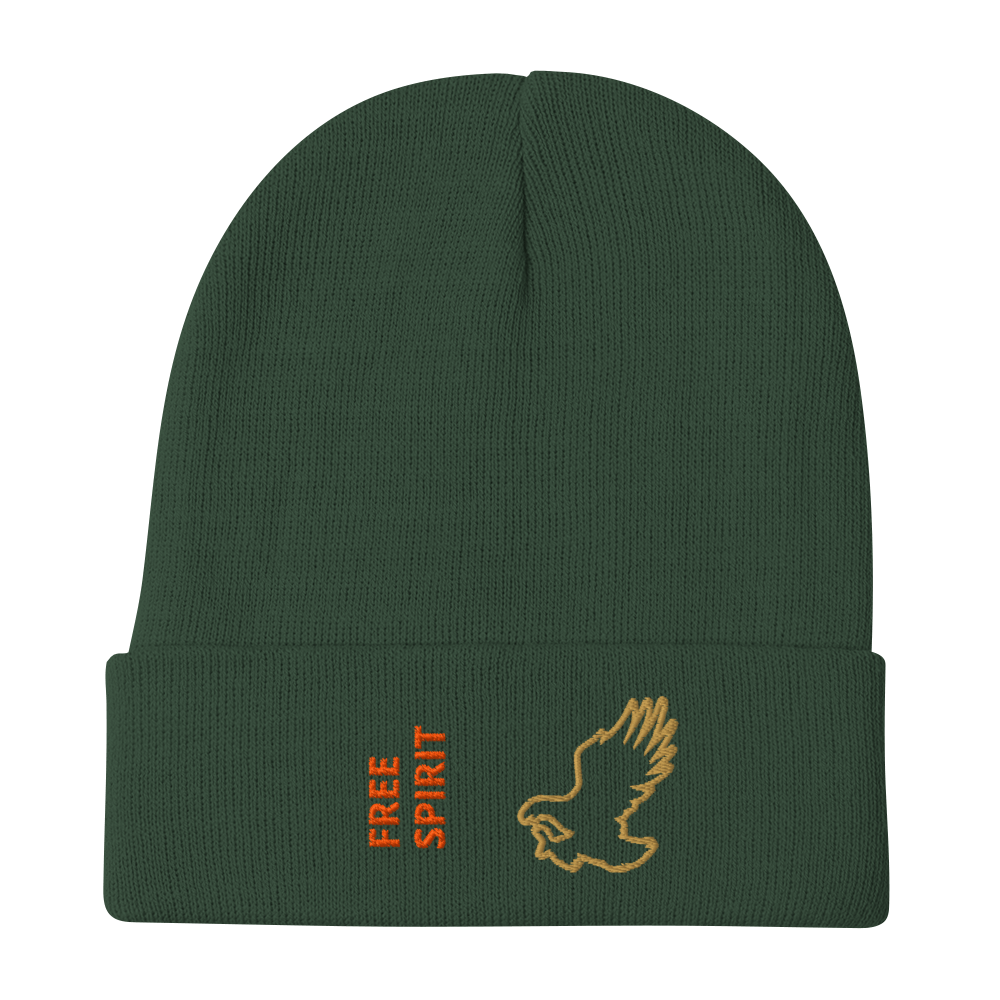 Eagle Beanie – Embroidered Knit Hat with Custom Text featuring a golden eagle and 'FREE SPIRIT' lettering.