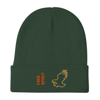 Eagle Beanie – Embroidered Knit Hat with Custom Text featuring a golden eagle and 'FREE SPIRIT' lettering.