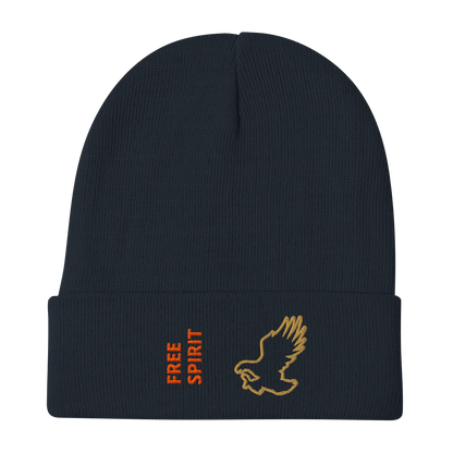 Eagle Beanie – Embroidered Knit Hat with Custom Text featuring a golden eagle design and the text 'FREE SPIRIT' on the cuff.