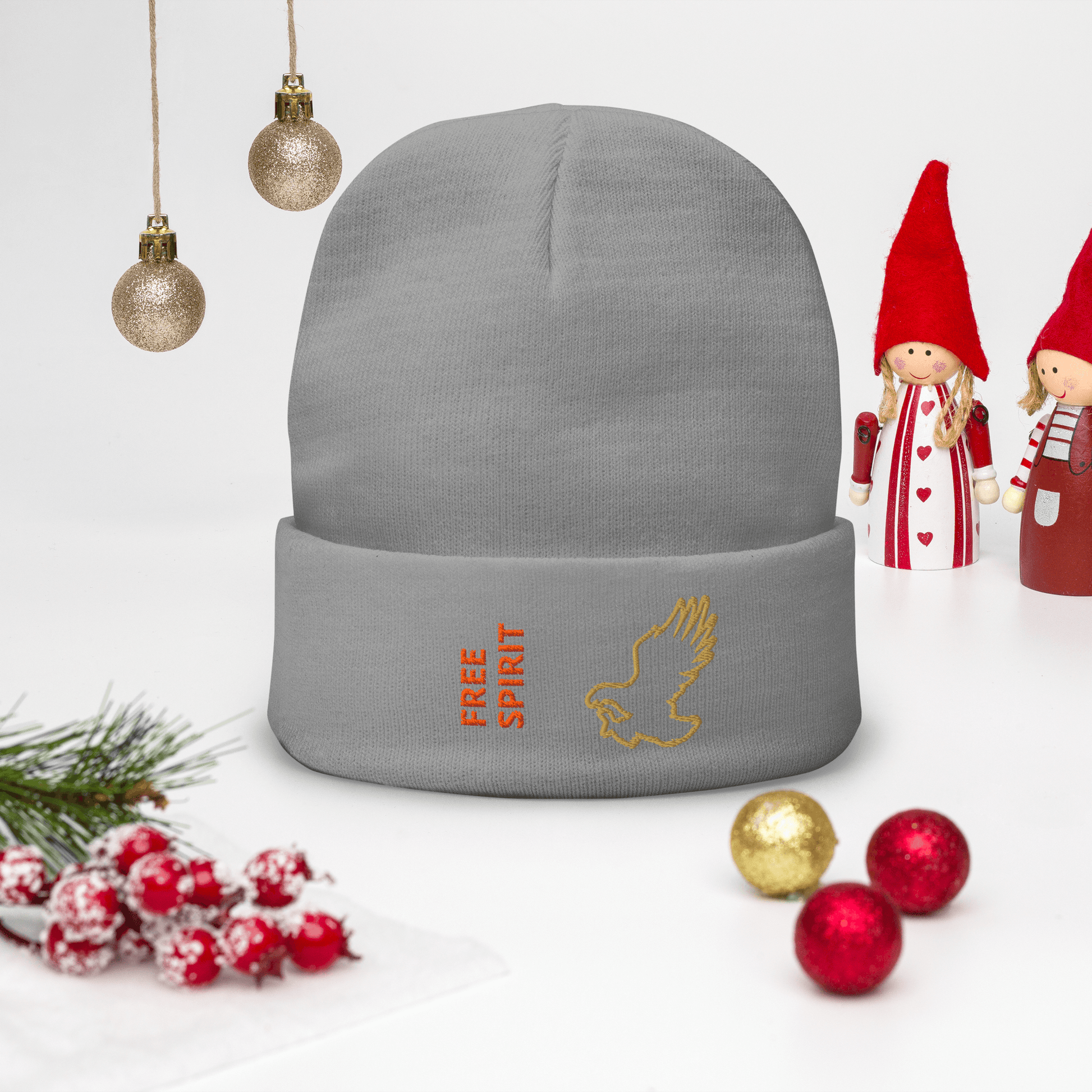 Eagle Beanie – Embroidered Knit Hat with Custom Text displayed next to holiday decorations.