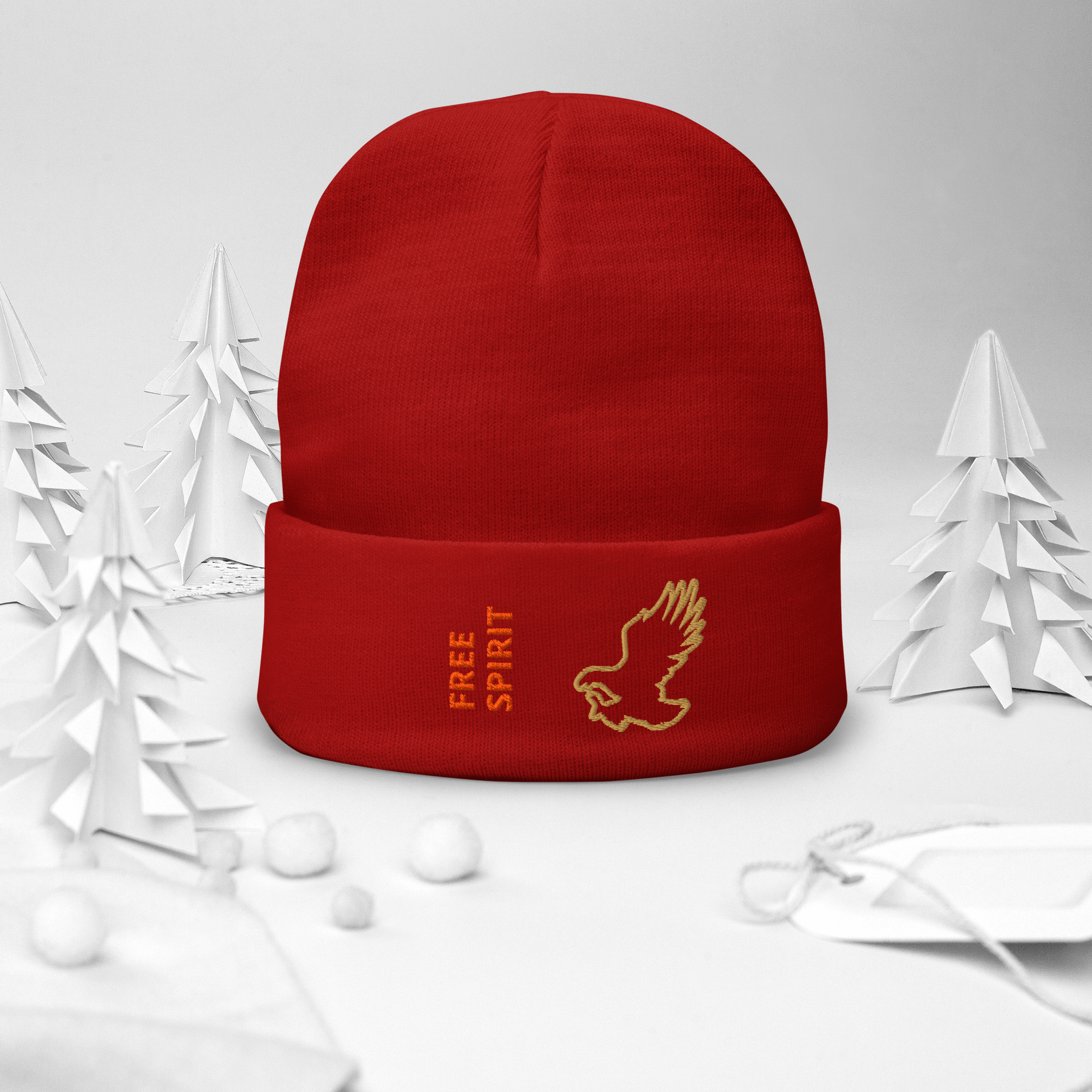 Eagle Beanie – Embroidered Knit Hat with Custom Text in vibrant red, featuring an eagle and FREE SPIRIT embroidery.