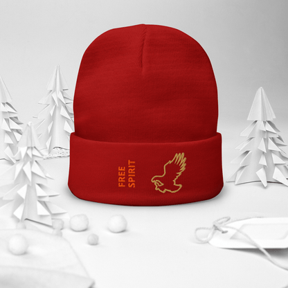 Eagle Beanie – Embroidered Knit Hat with Custom Text in vibrant red, featuring an eagle and FREE SPIRIT embroidery.