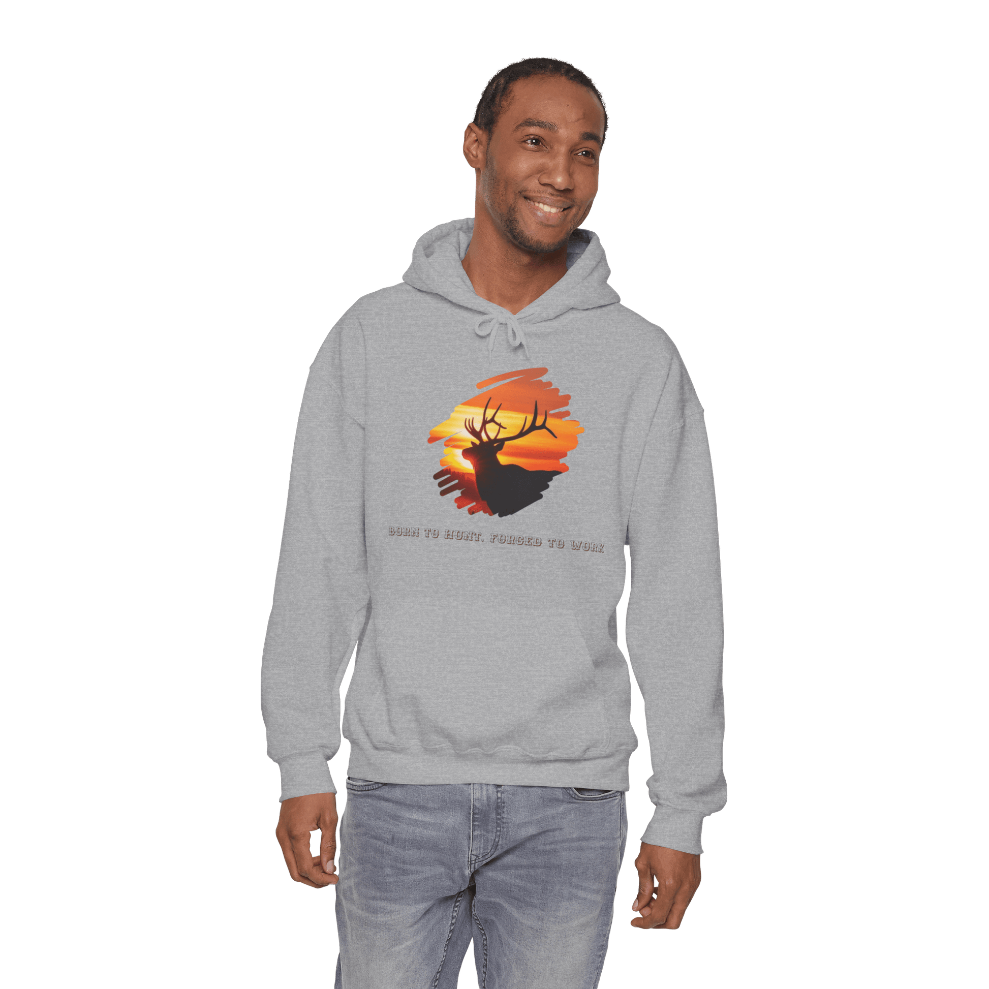 Elk Hunting Hoodie – Custom Mantra Outdoorsmen Gift Sweatshirt featuring elk artwork and the mantra 'Born to Hunt. Forced to Work.'