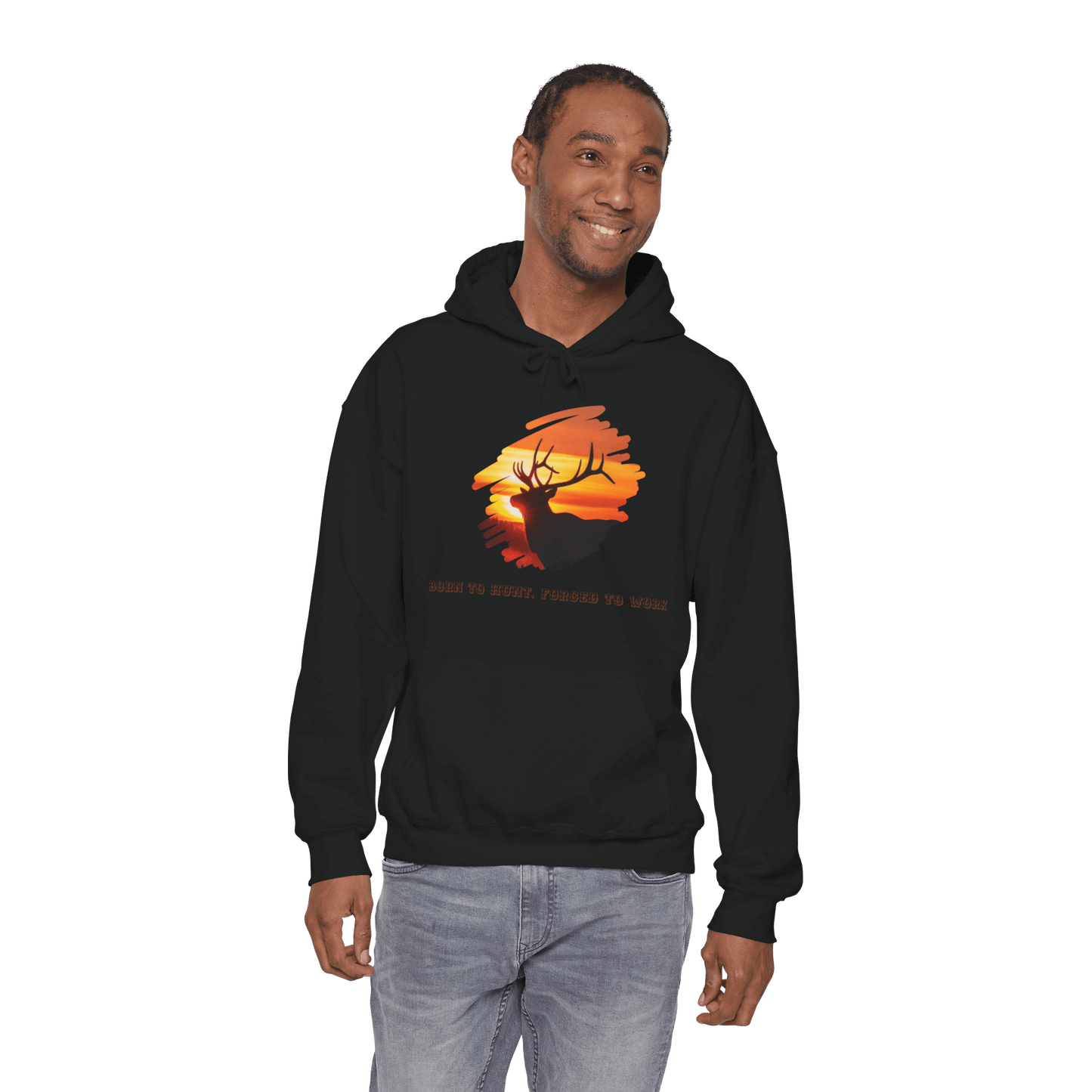 Elk Hunting Hoodie – Custom Mantra Outdoorsmen Gift Sweatshirt featuring elk silhouette and sunset design.