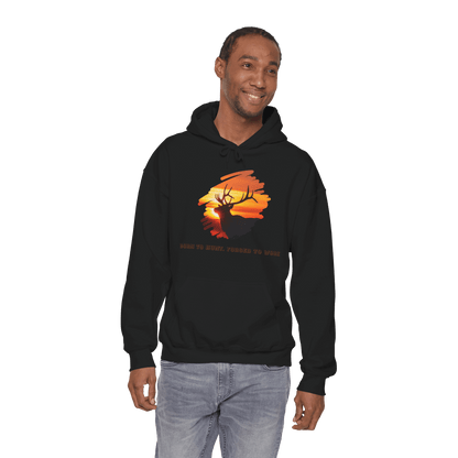 Elk Hunting Hoodie – Custom Mantra Outdoorsmen Gift Sweatshirt featuring elk silhouette and sunset design.